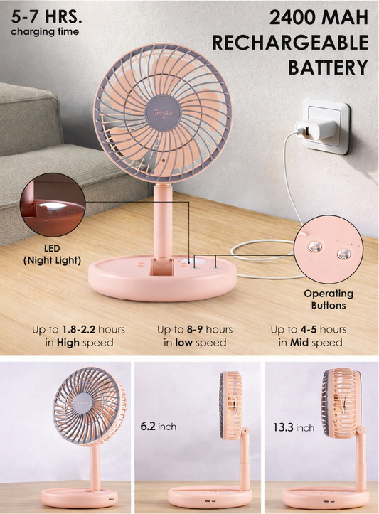 Portable Rechargeable Table Fan with LED Light | Foldable 180° | USB Type-C