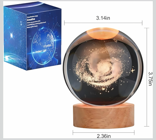 3D Galaxy Crystal Ball Night Lamp with Wooden Base – LED Decorative Ambient Light
