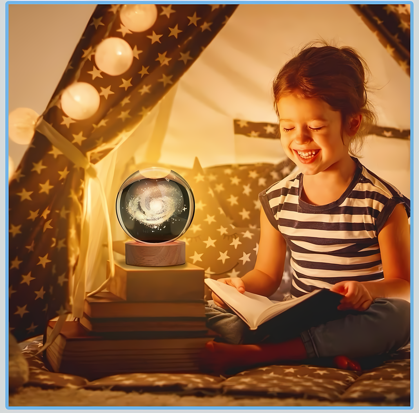 3D Galaxy Crystal Ball Night Lamp with Wooden Base – LED Decorative Ambient Light