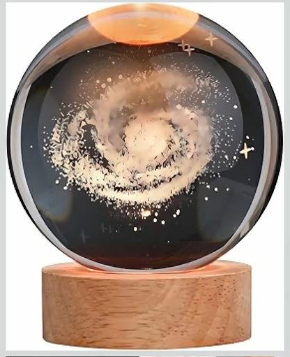 3D Galaxy Crystal Ball Night Lamp with Wooden Base – LED Decorative Ambient Light