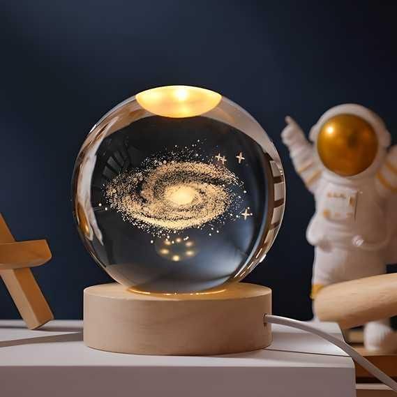 3D Galaxy Crystal Ball Night Lamp with Wooden Base – LED Decorative Ambient Light