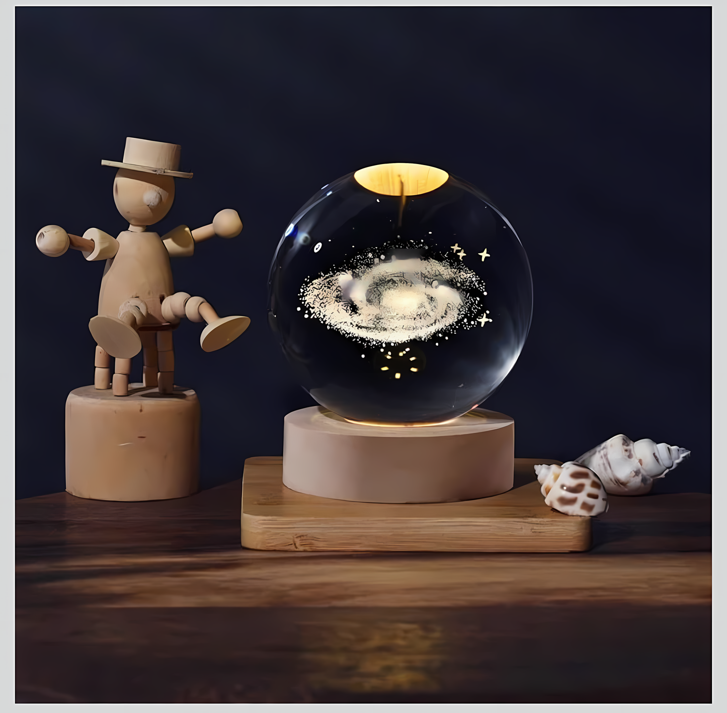 3D Galaxy Crystal Ball Night Lamp with Wooden Base – LED Decorative Ambient Light
