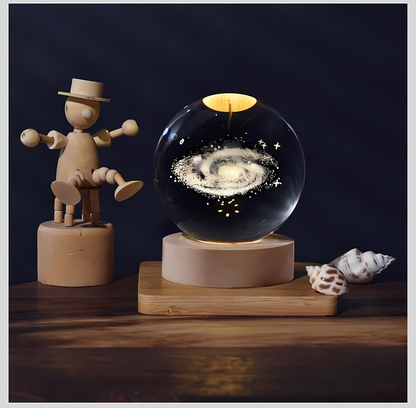 3D Galaxy Crystal Ball Night Lamp with Wooden Base – LED Decorative Ambient Light